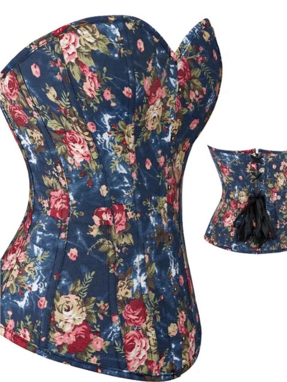 Floral Denim Corset Top in Navy Blue - Picture 4 of 6